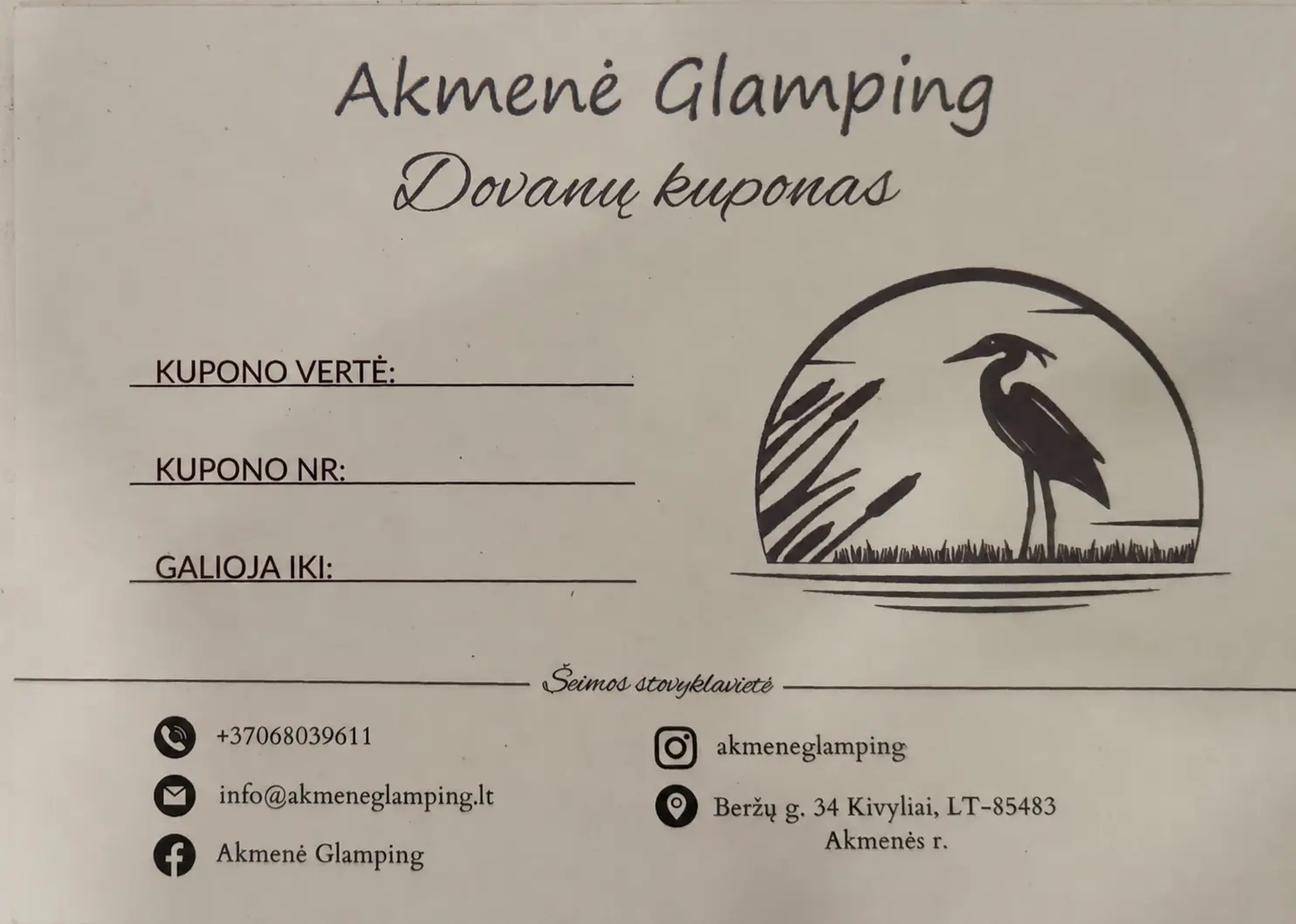 Akmenė Glamping dovanų kupono pavyzdys